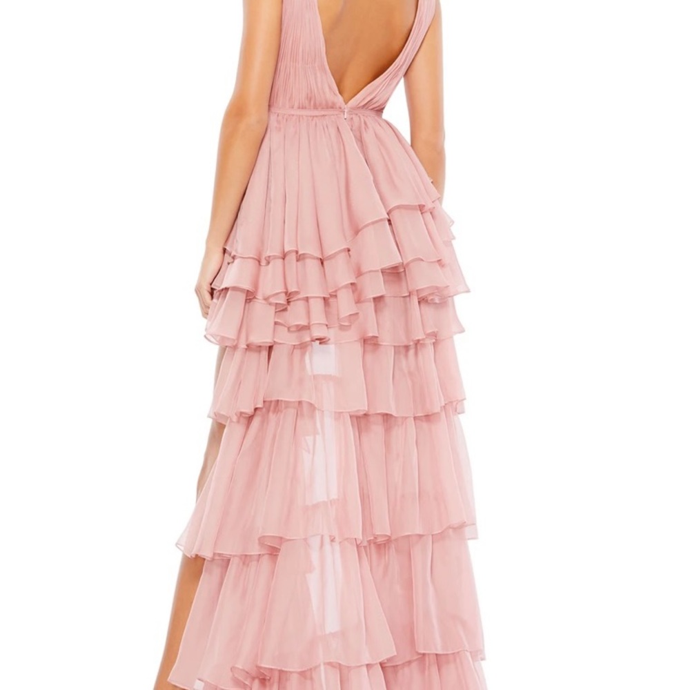 PLUNGE NECK RUFFLED HI-LOW CHIFFON GOWN